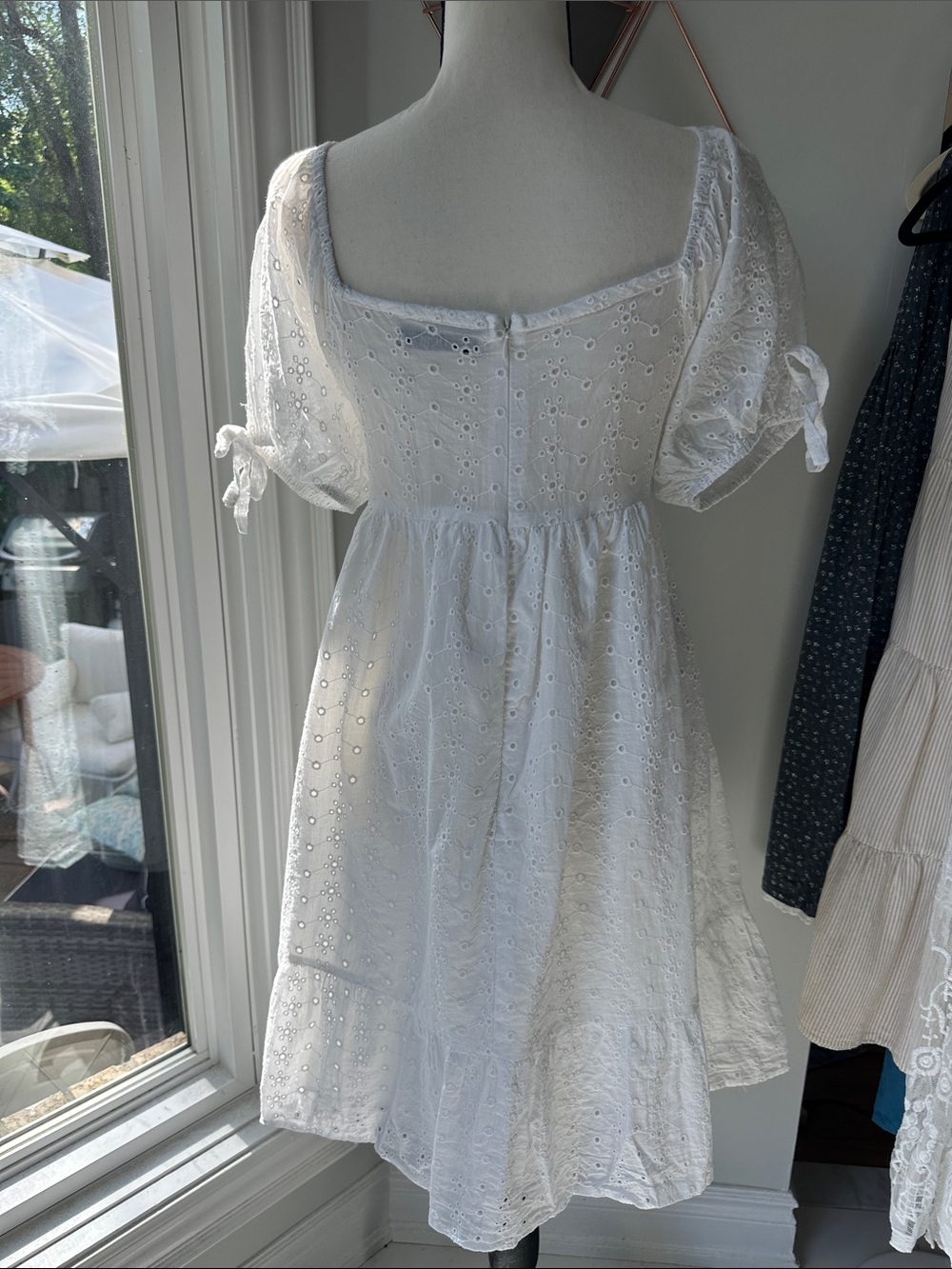 VERTICHE White Eyelet Puff-Sleeve Square Neck Babydoll Dress Cotton Size Large - Picture 8 of 16